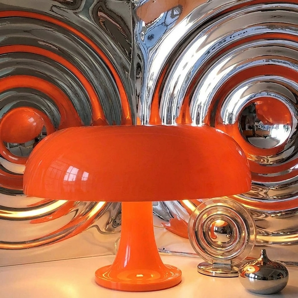 Juno Mushroom Table Lamp – close-up, orange finish against mirrored spheres