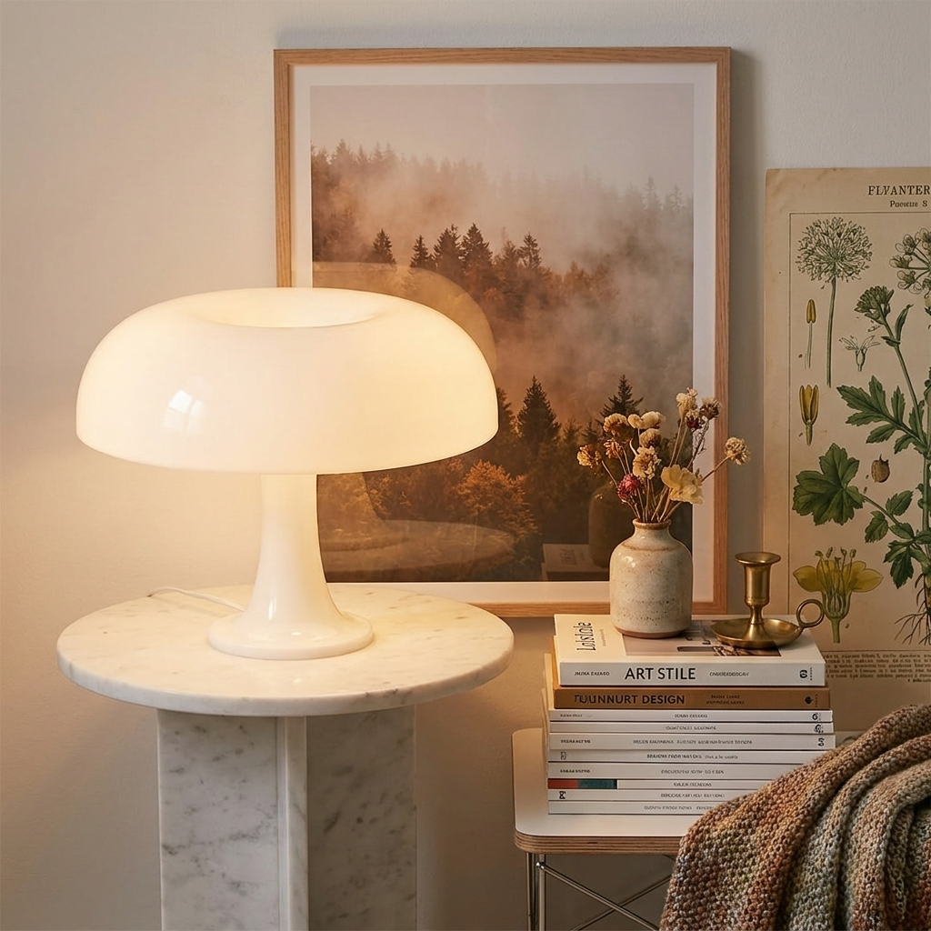 Juno Mushroom Table Lamp – white finish lit on a marble table