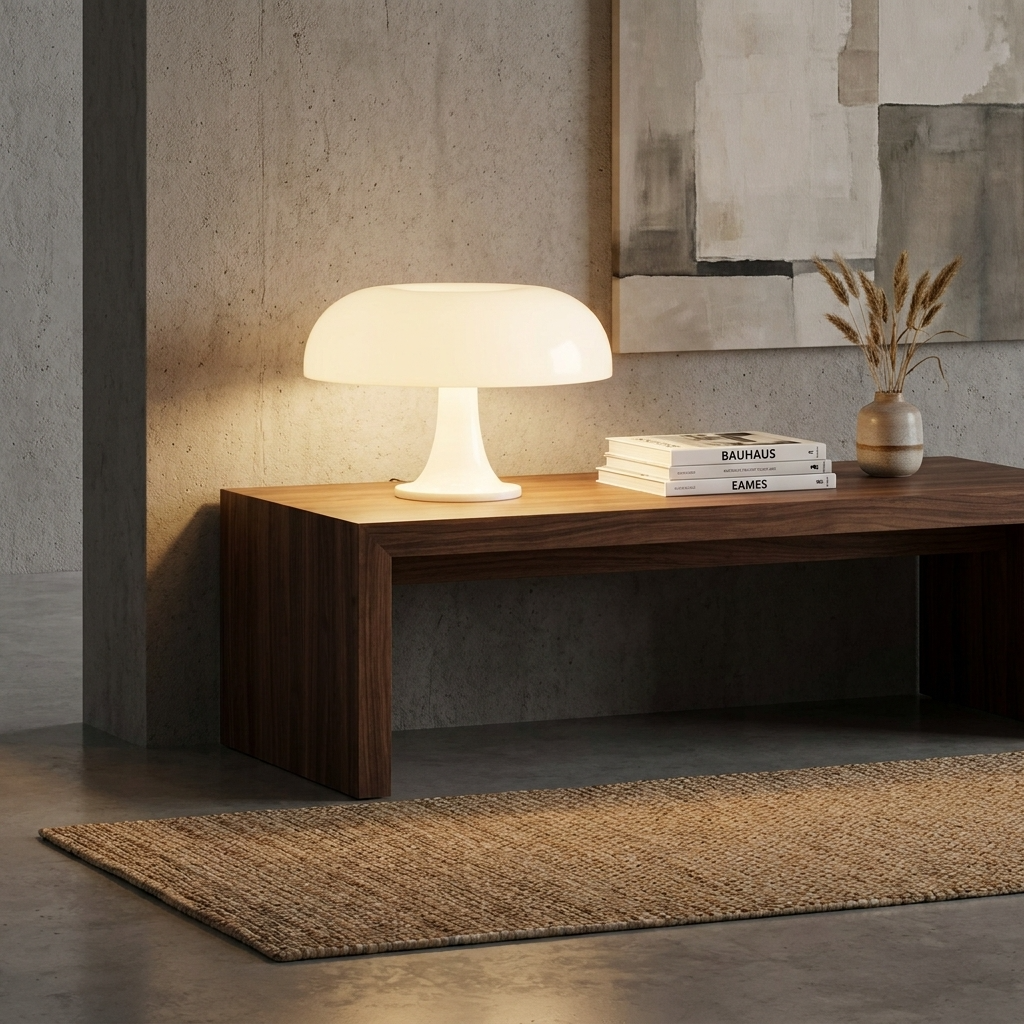 Juno Mushroom Table Lamp – white finish lit on a wooden bench