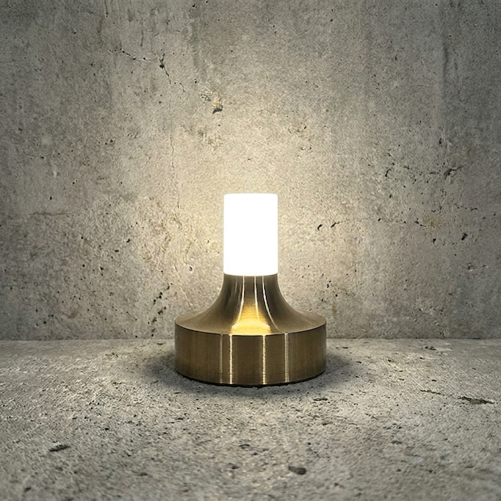 Ebba Table Lamp – lit against a concrete wall, brass finish