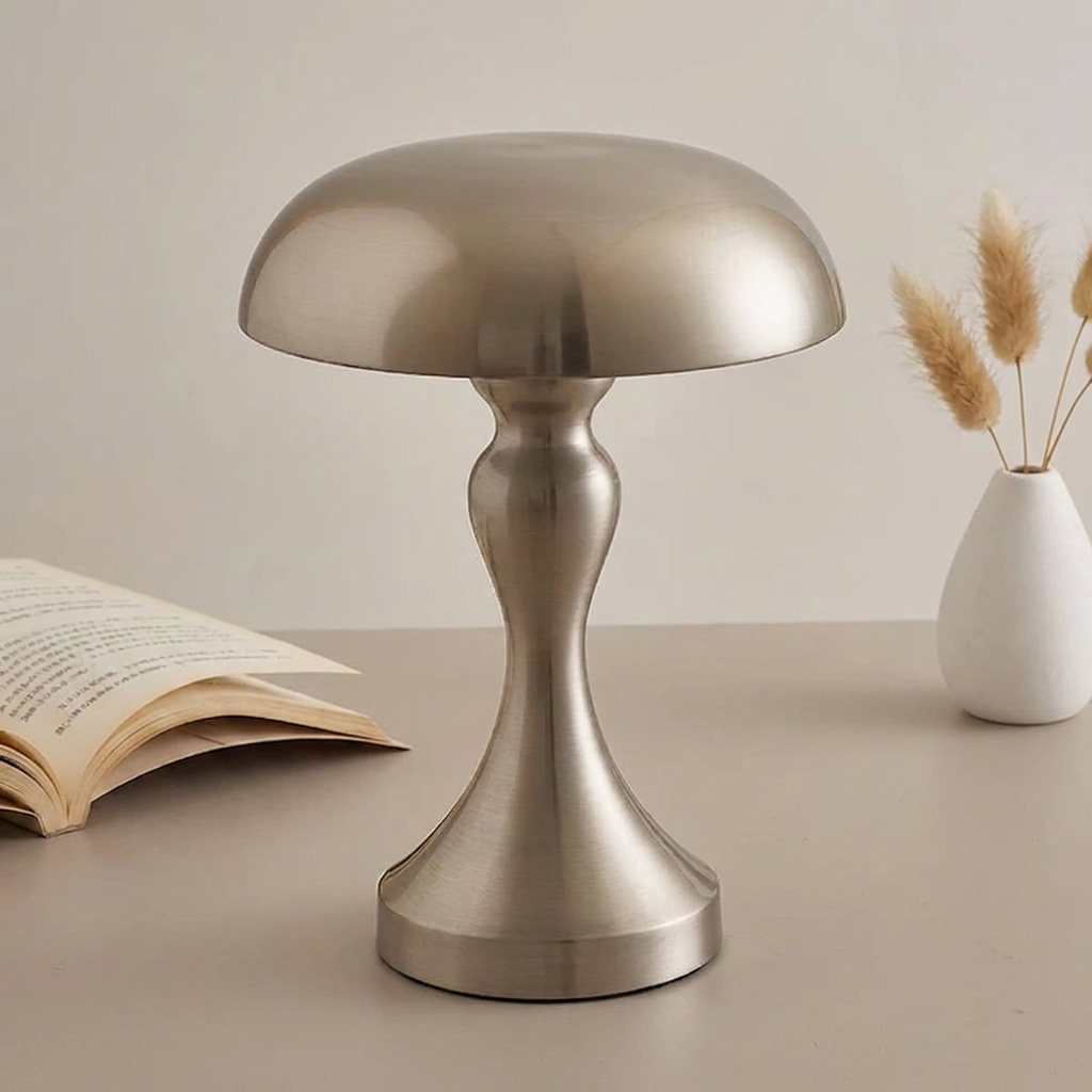 Rune Table Lamp – nickel finish on a table beside a book