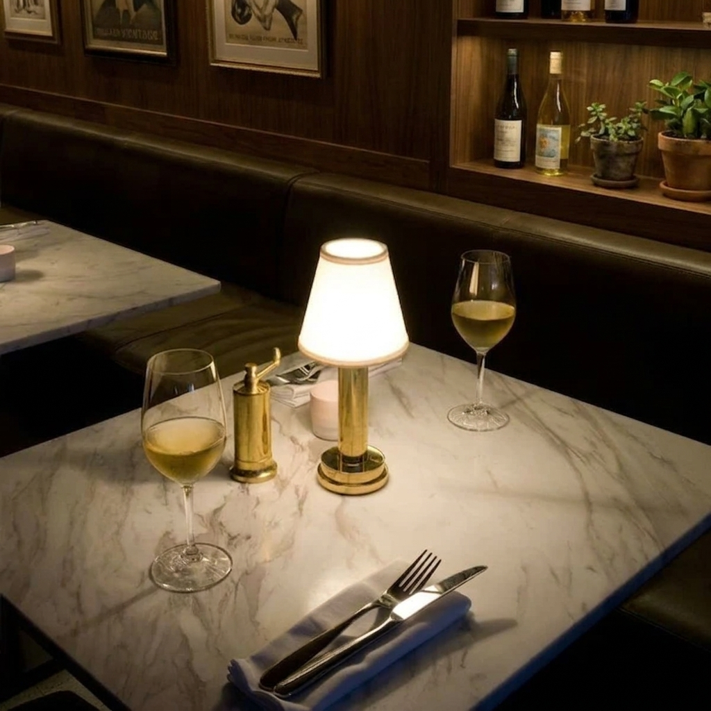 Wren Fabric Table Lamp – lit on a marble table beside wine glasses