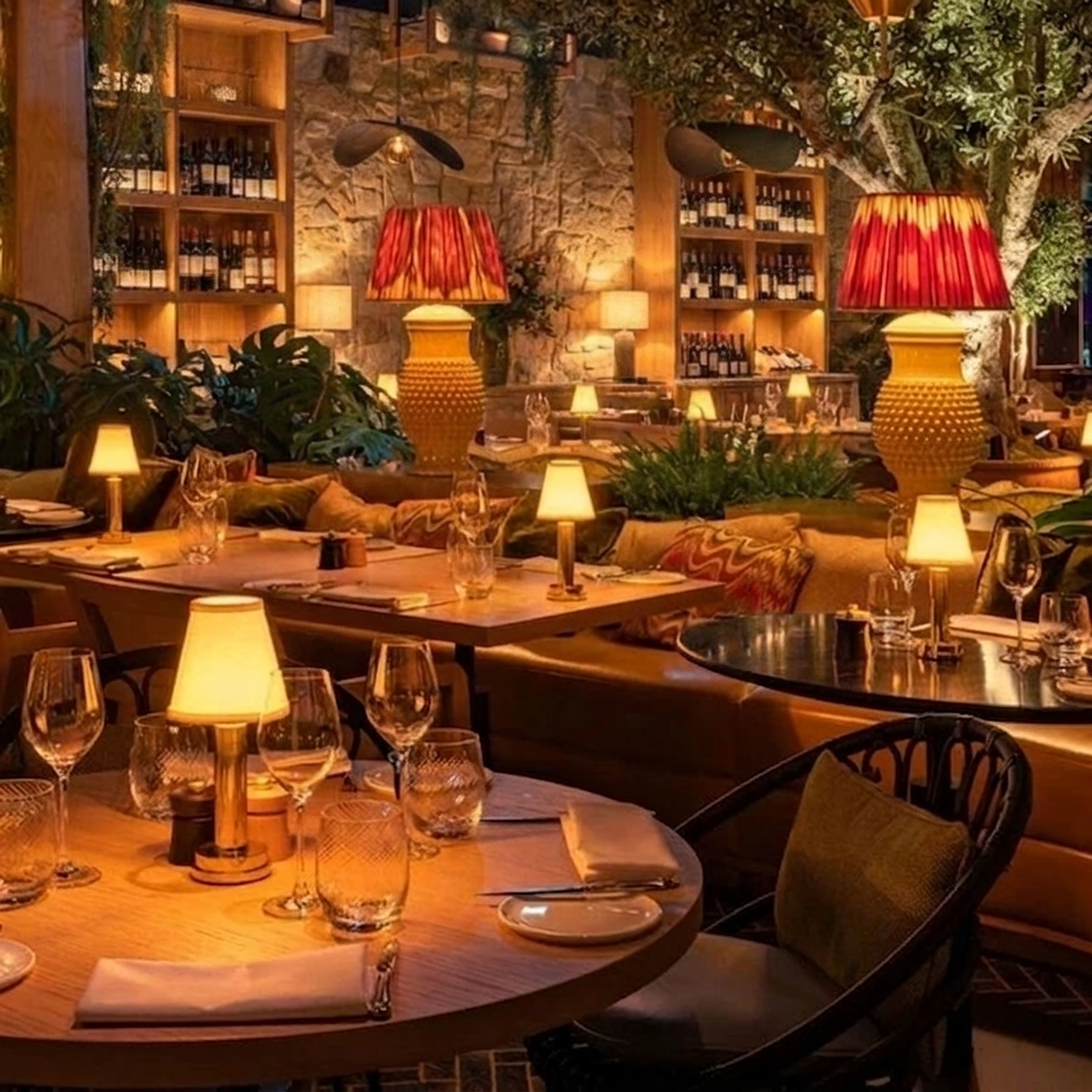 Wren Fabric Table Lamp – lit on tables in a plant-filled restaurant