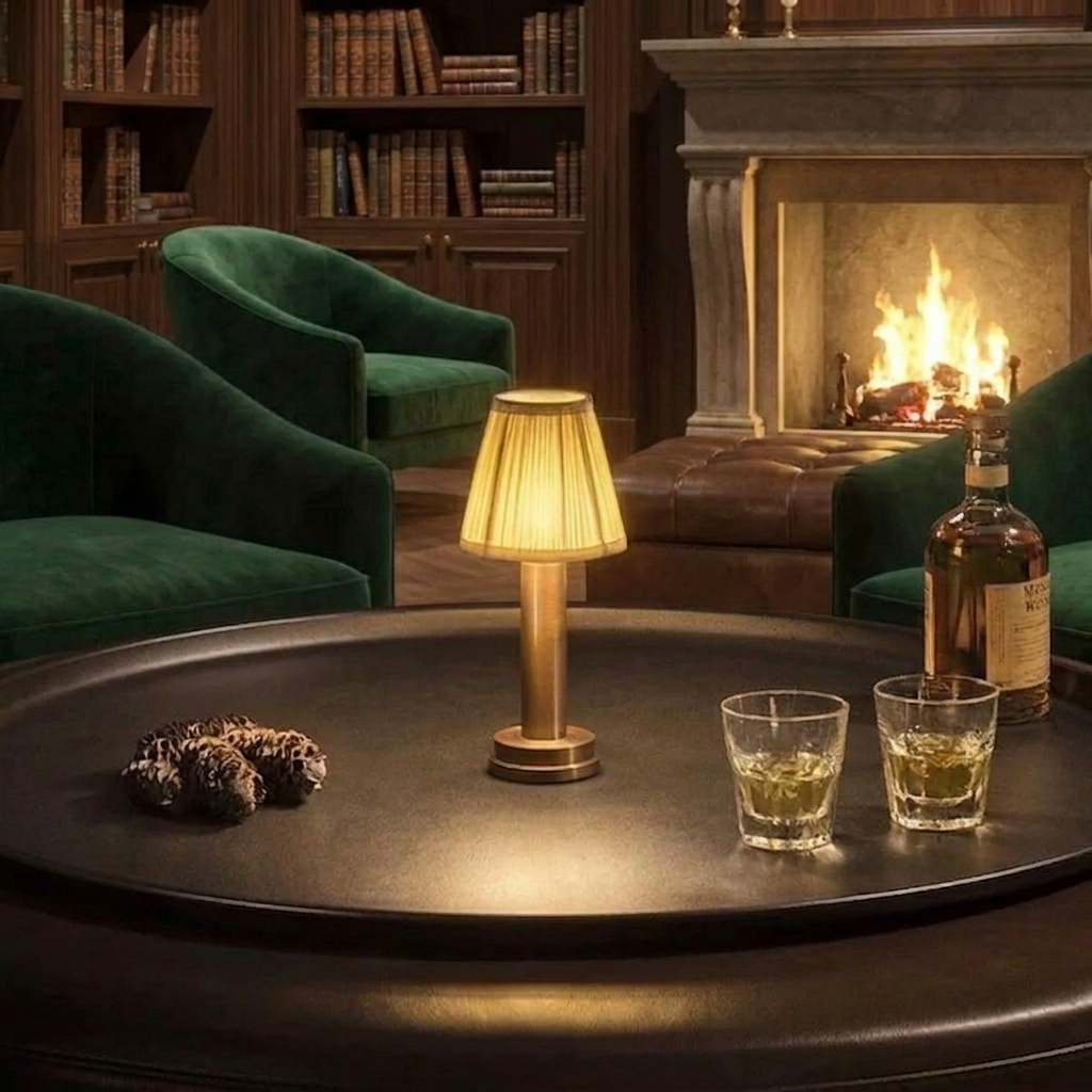 Wren Fabric Table Lamp – lit on a table near a fireplace