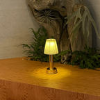 Wren Fabric Table Lamp – lit on a counter beside driftwood and ferns