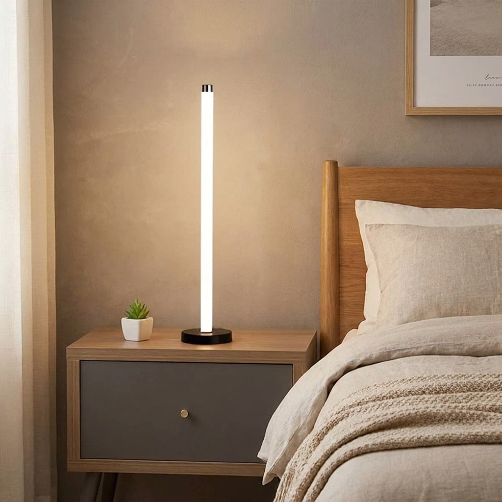 Slimline 360 LED Floor Lamp – lit on a bedside table beside the bed