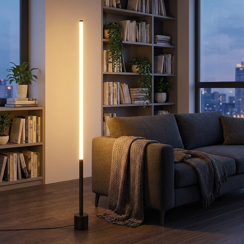 Slimline 360 LED Floor Lamp – lit beside a bookshelf at night