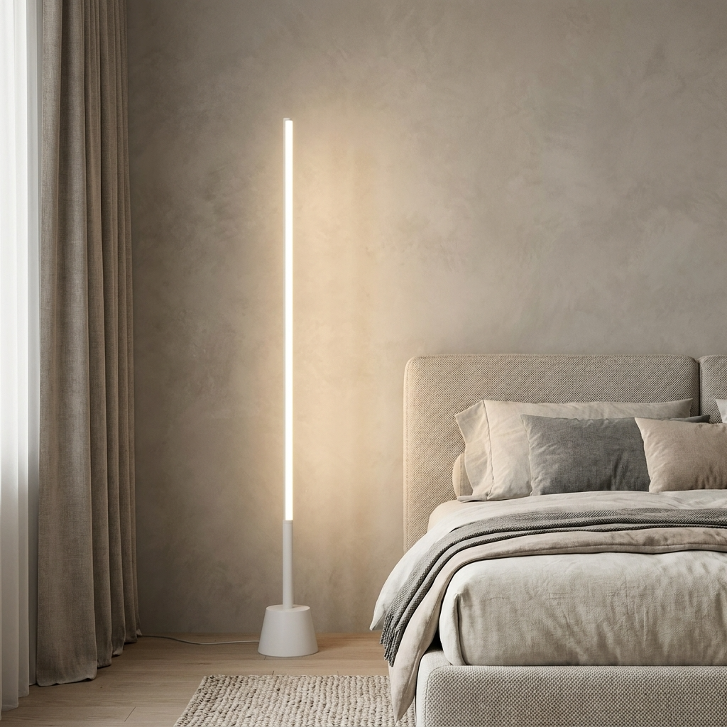 Slimline 360 LED Floor Lamp – lit beside a bed, white finish