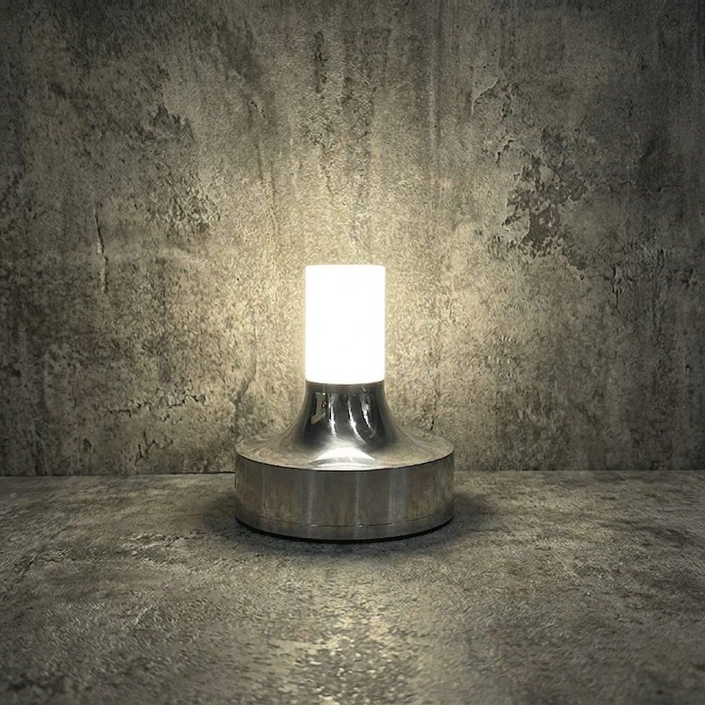 Ebba Table Lamp – lit against a stone wall, chrome finish