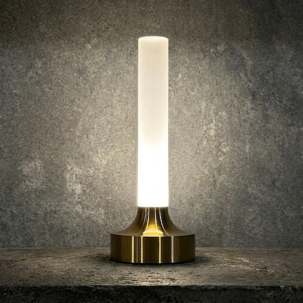 Ebba Table Lamp – lit close-up on a stone ledge, brass finish