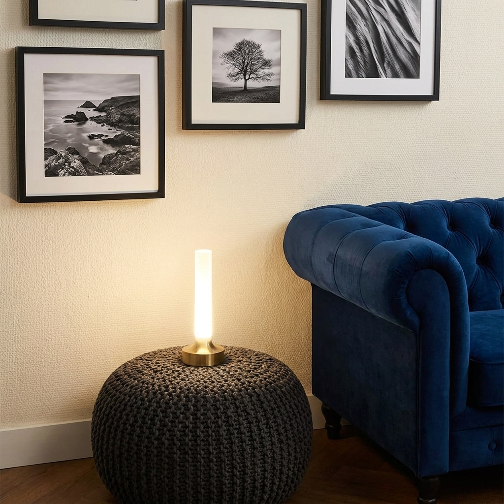 Ebba Table Lamp – on a knitted pouf beside a blue armchair