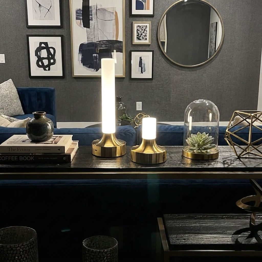 Ebba Table Lamp – two lamps on a console table with art