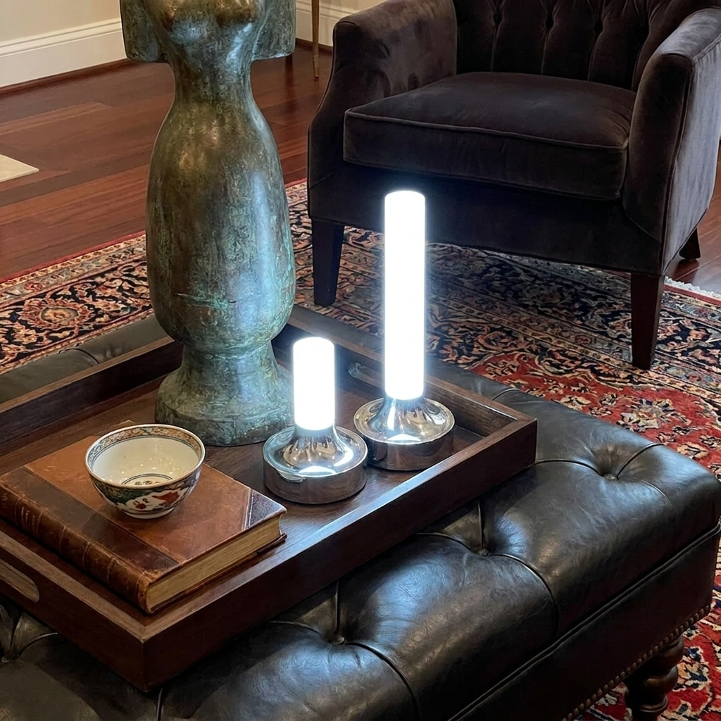 Ebba Table Lamp – on a wooden tray beside old books