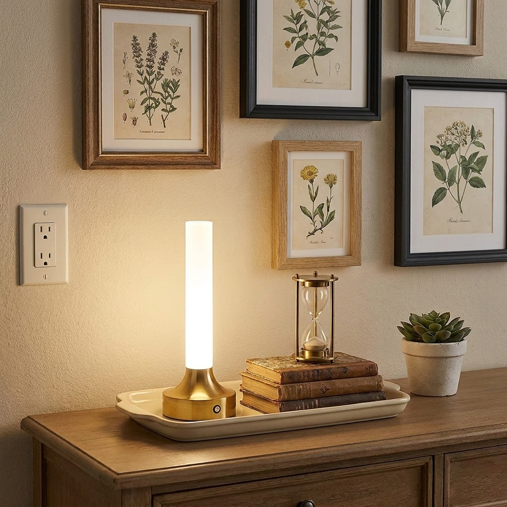 Ebba Table Lamp – on a hallway console tray beside framed prints
