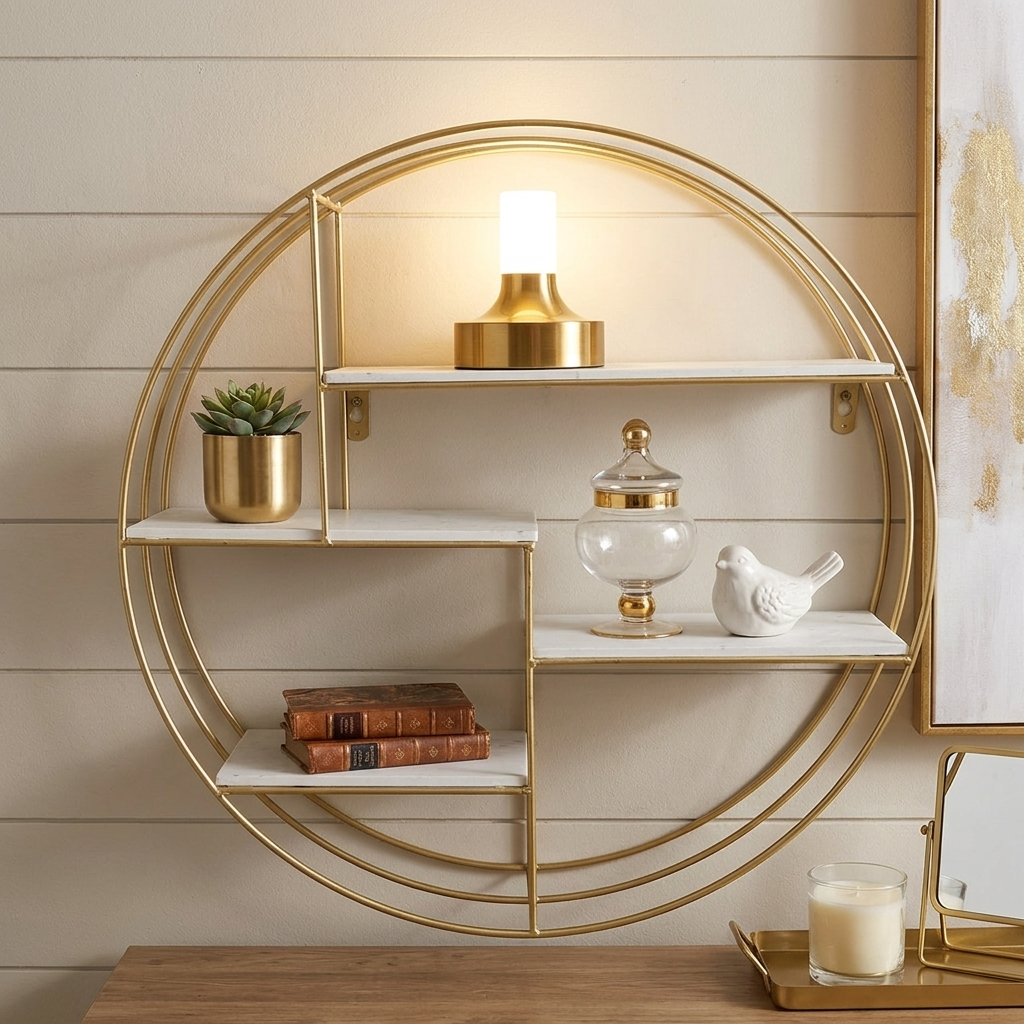 Ebba Table Lamp – on a round gold wall shelf unit
