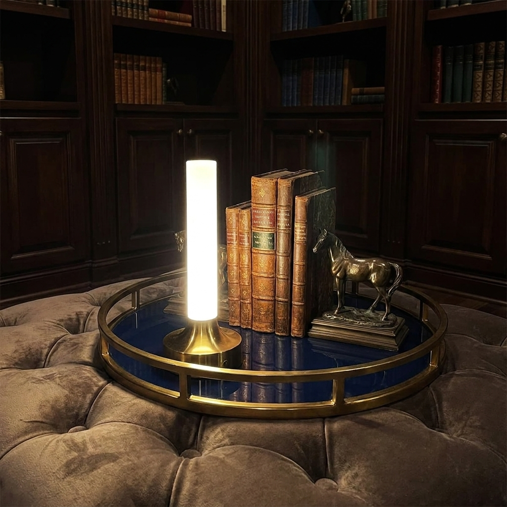 Ebba Table Lamp – on a round tray on a leather ottoman