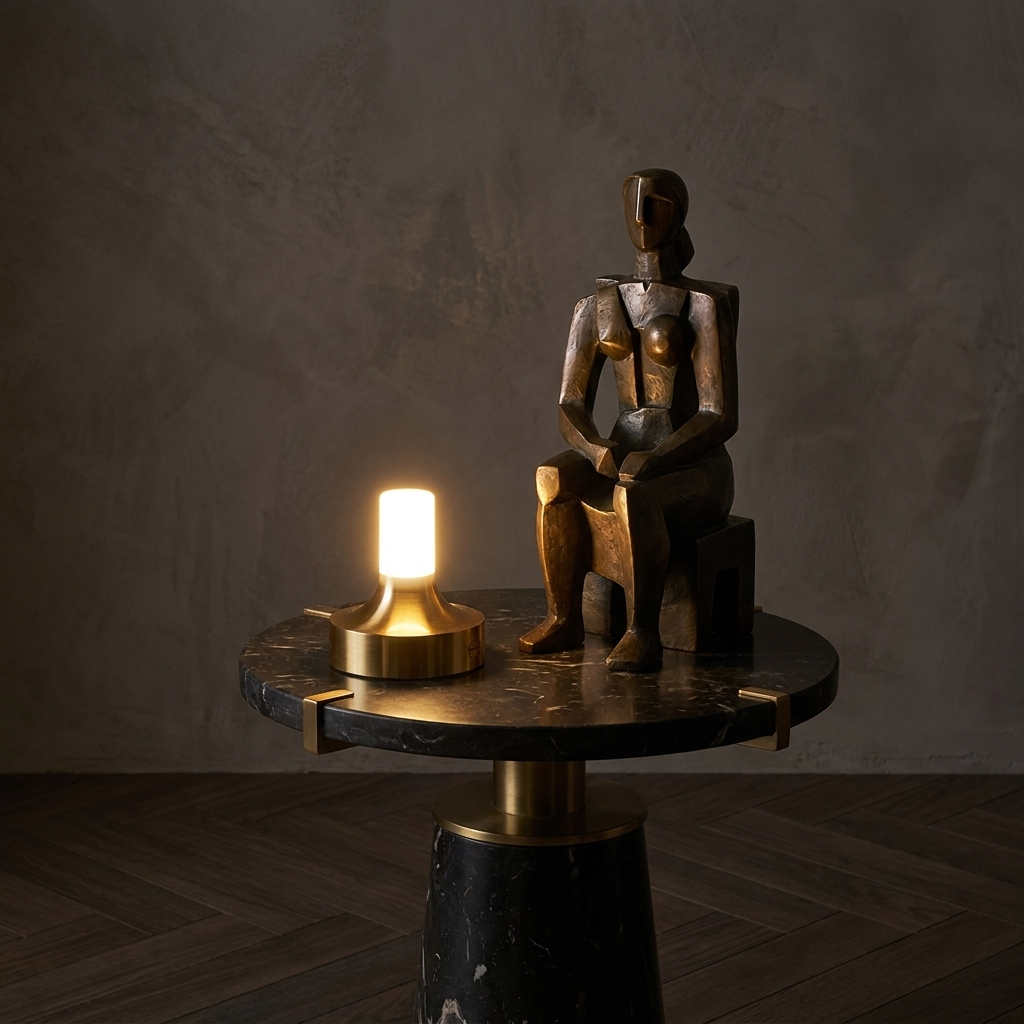 Ebba Table Lamp – on a marble table beside a bronze sculpture