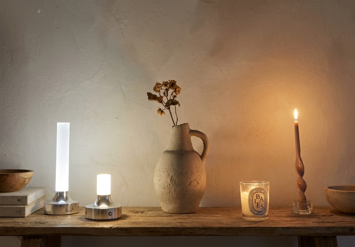 Ebba Table Lamp – two colour finishes on a wooden shelf