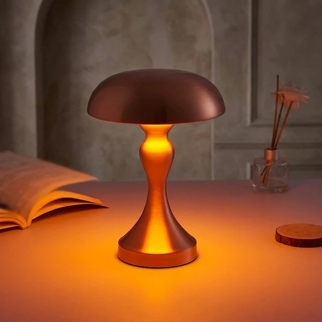 Rune Table Lamp – copper finish glowing on a desk at night