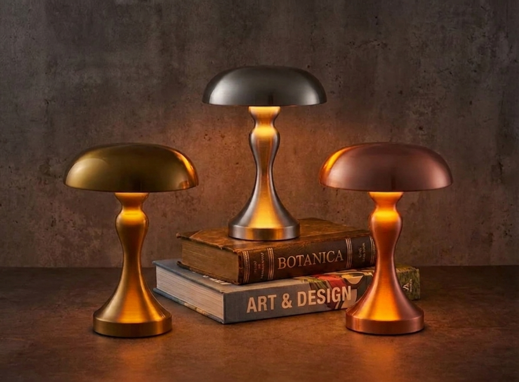Rune Table Lamp – three colour finishes lit on stacked books