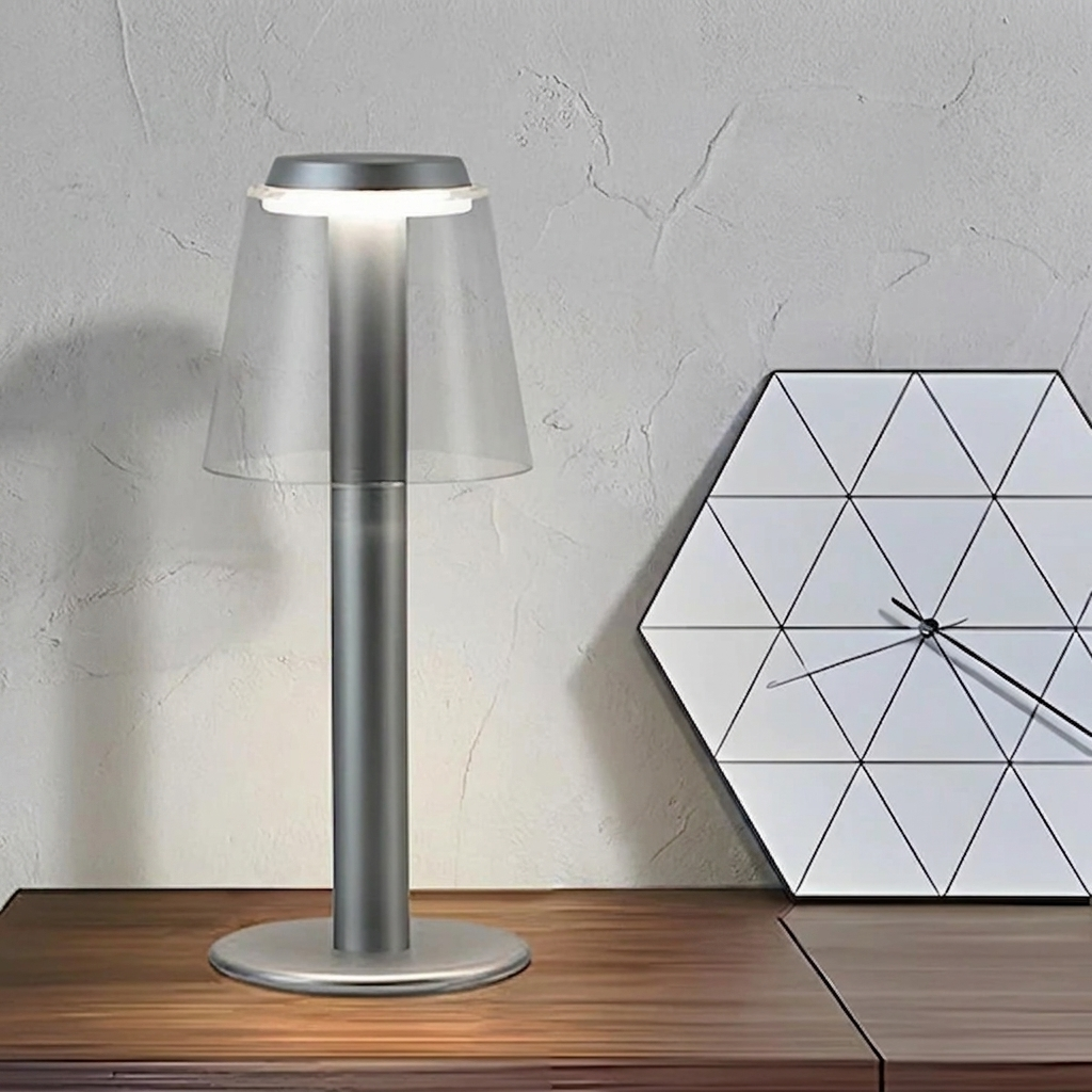 Fen Mushroom Touch Lamp – on a wooden sideboard beside a clock