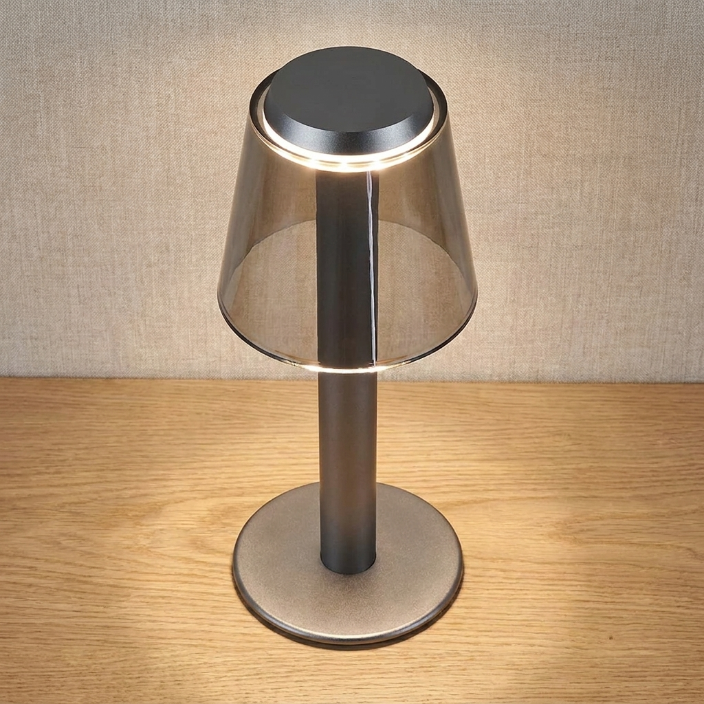Fen Mushroom Touch Lamp – lit close-up against a beige woven wall