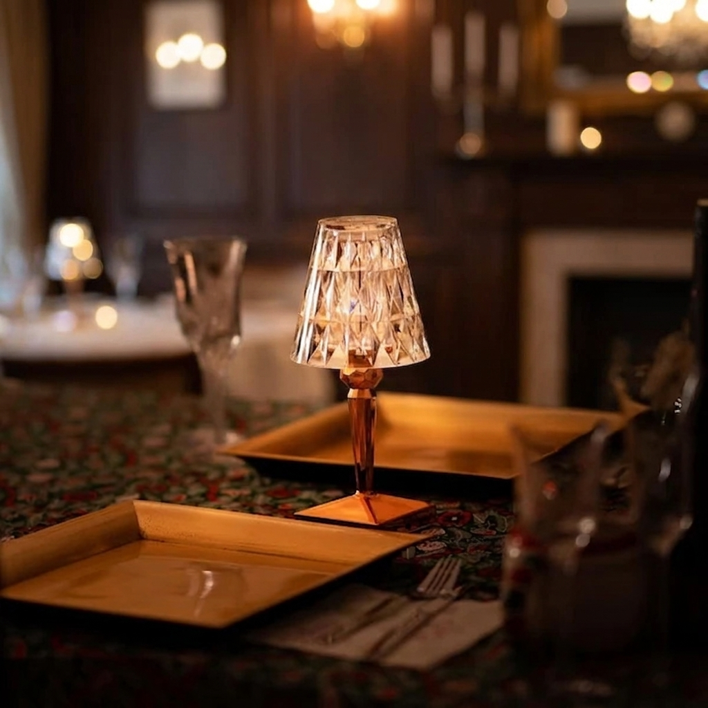 Kira Crystal Lamp – amber finish lit on a restaurant table