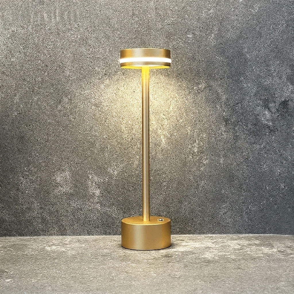 Halden Cordless Table Lamp – lit against a stone wall, gold finish