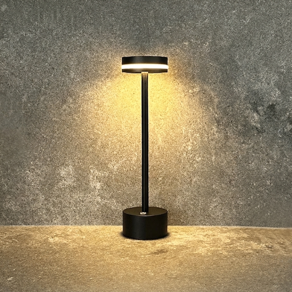 Halden Cordless Table Lamp – lit against a stone wall, black finish