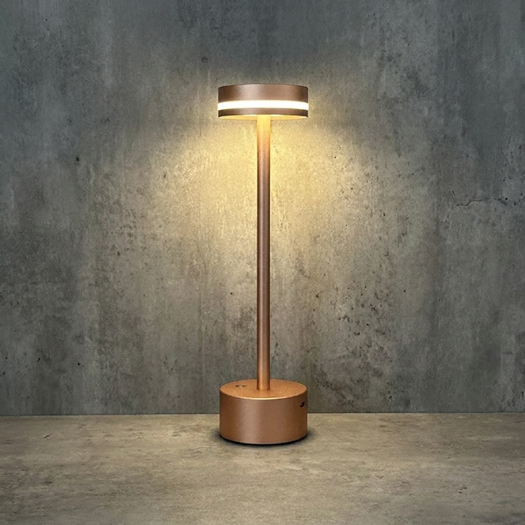 Halden Cordless Table Lamp – lit against a stone wall, copper finish