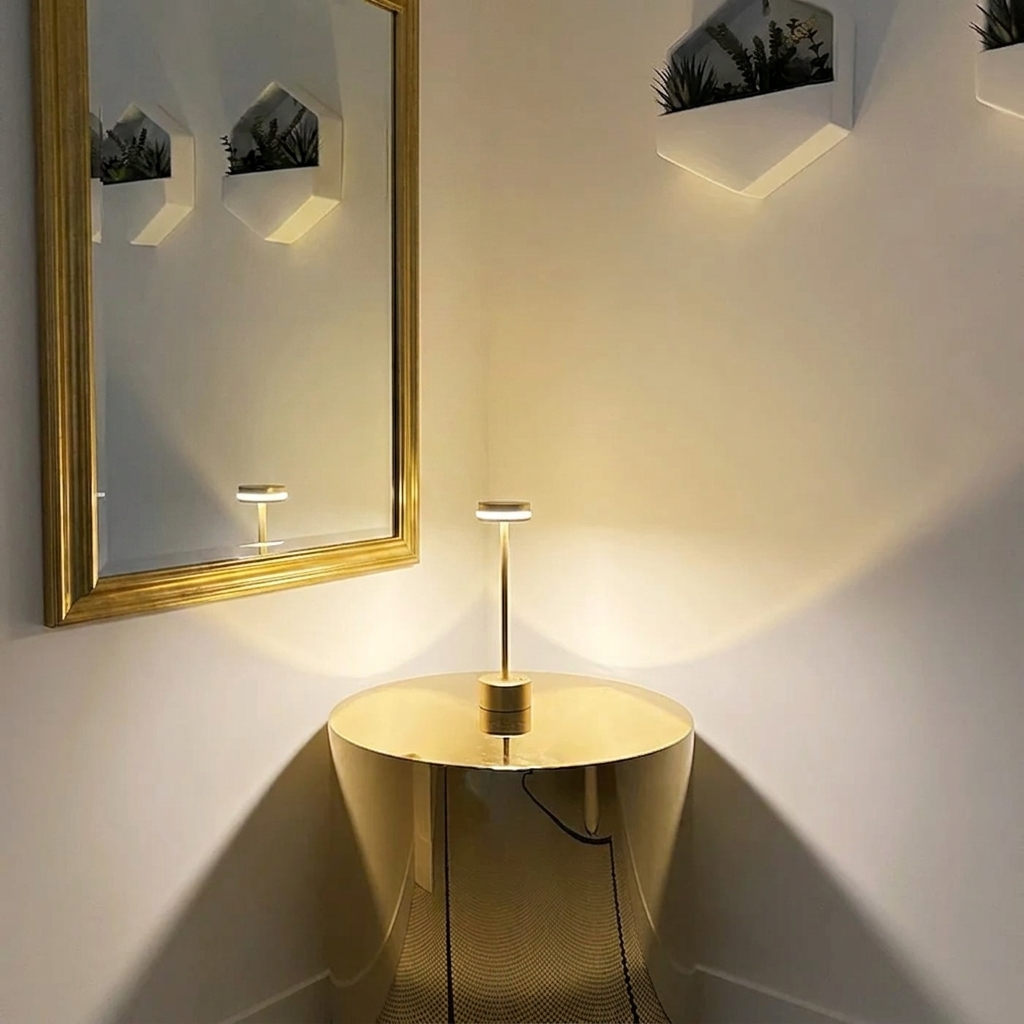 Halden Cordless Table Lamp – lit on a console table in a hallway