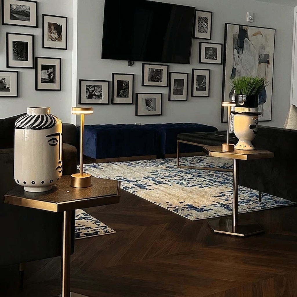 Halden Cordless Table Lamp – lit on side tables beside a navy sofa