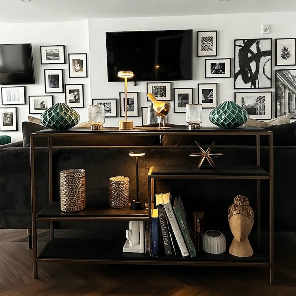Halden Cordless Table Lamp – lit on a dark wood console table