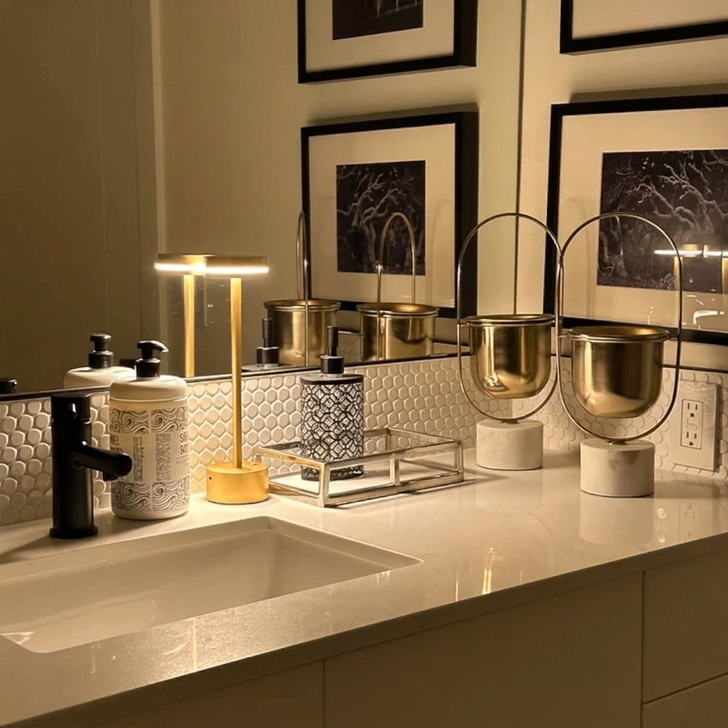 Halden Cordless Table Lamp – lit on a bathroom vanity countertop