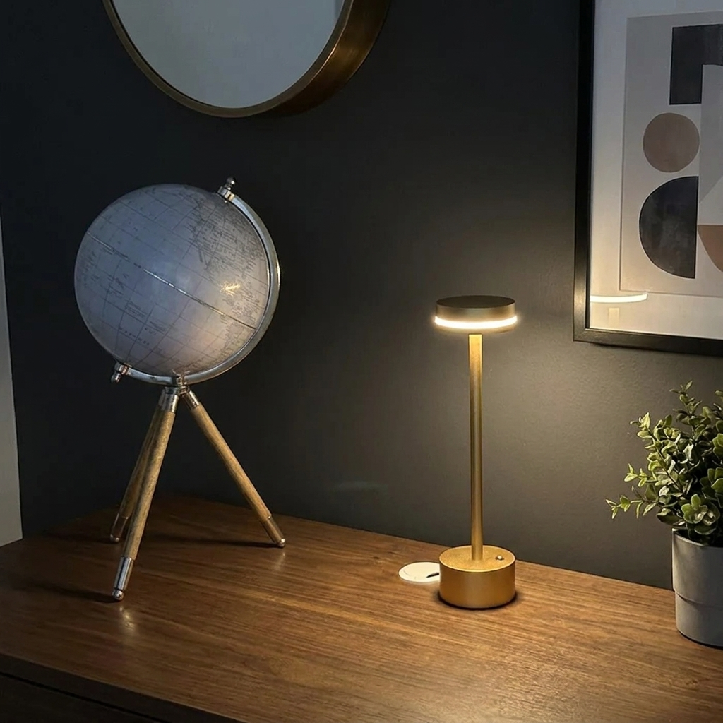 Halden Cordless Table Lamp – lit on a wooden sideboard beside a globe