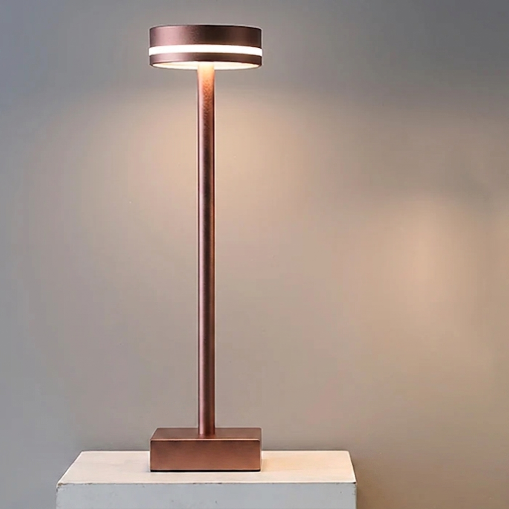 Halden Cordless Table Lamp – close-up on a white plinth, bronze finish