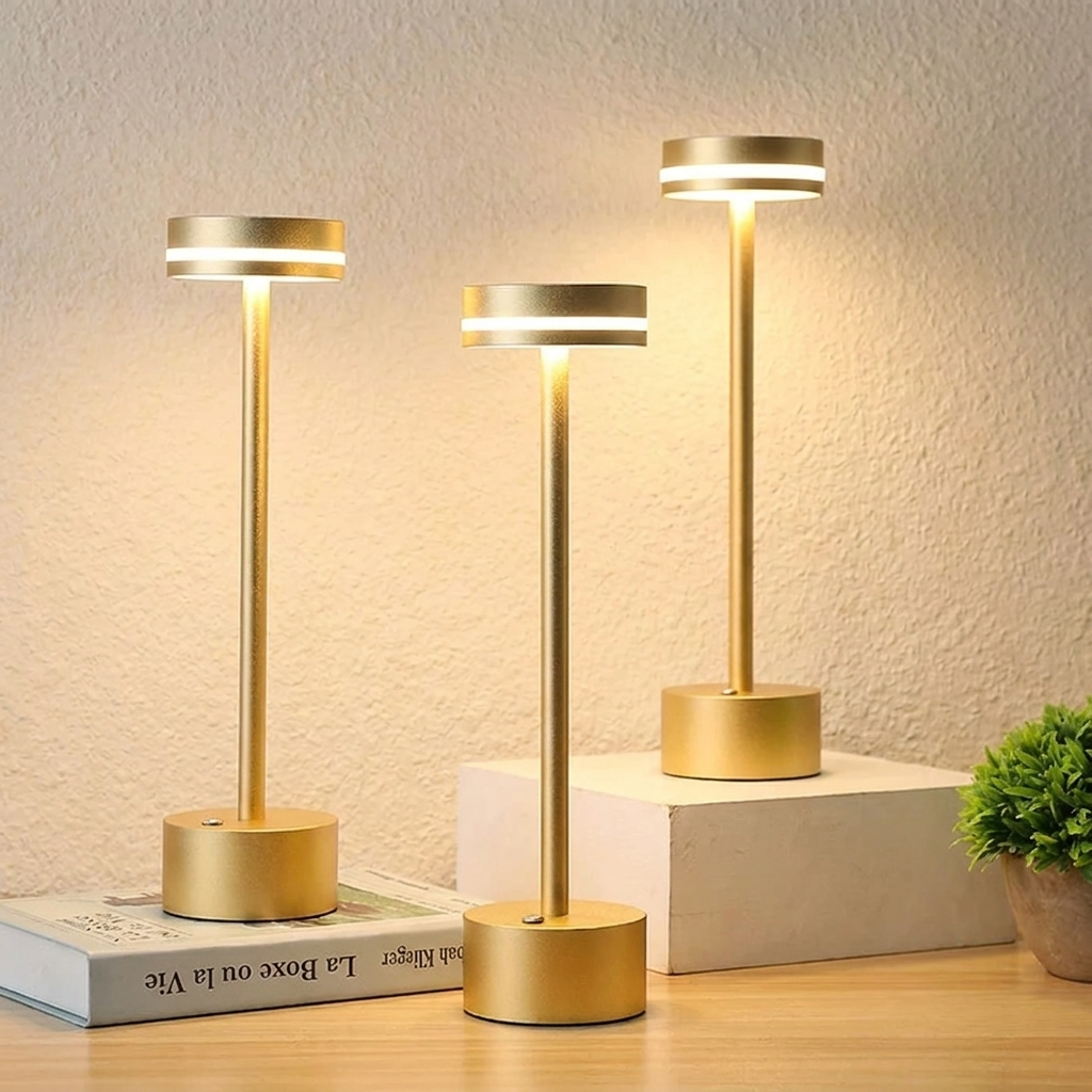 Halden Cordless Table Lamp – three lamps at different heights on a table