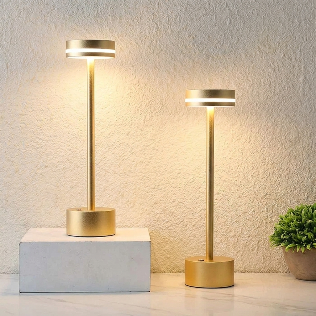 Halden Cordless Table Lamp – two lamps at different heights, gold finish