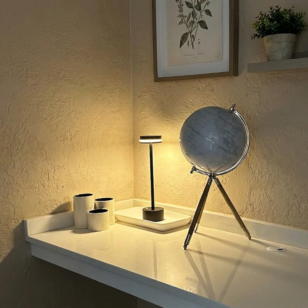 Halden Cordless Table Lamp – lit on a countertop beside a globe