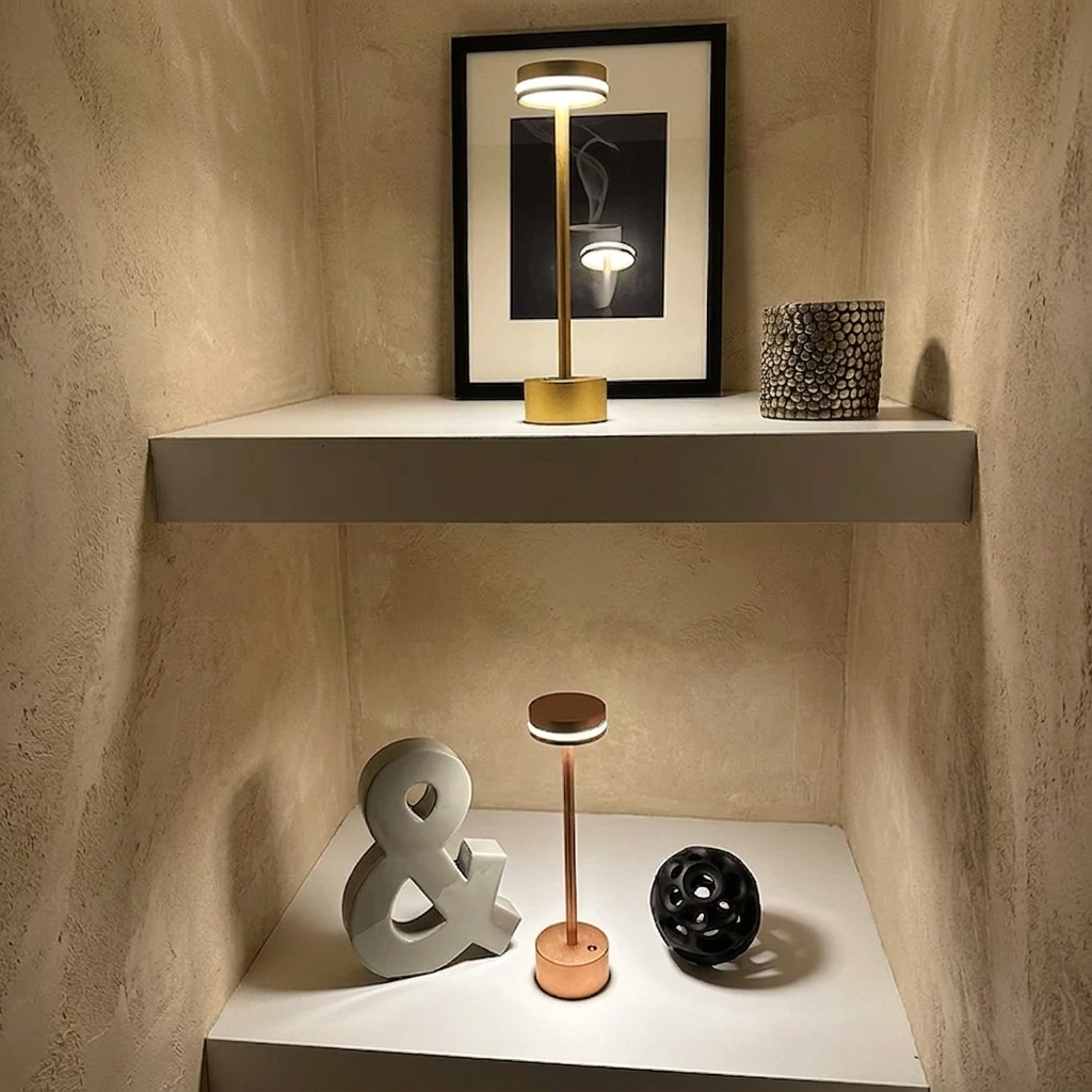 Halden Cordless Table Lamp – three lamps in different finishes on shelves