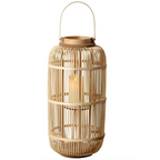 Reed Bamboo Candle Lantern – lit candle inside, white background