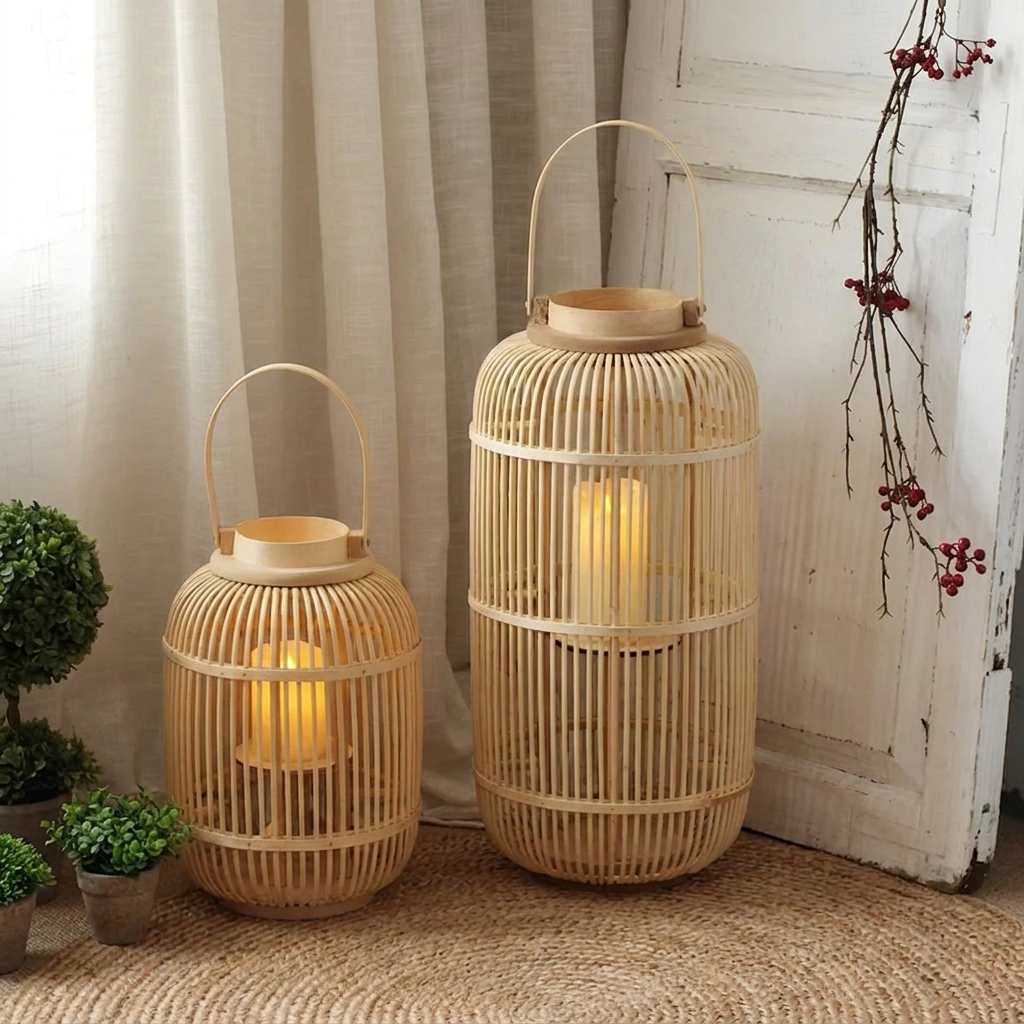 Reed Bamboo Candle Lantern – two sizes styled beside a curtain and berries