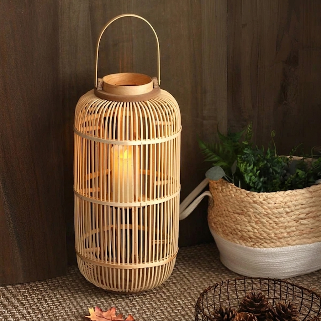 Reed Bamboo Candle Lantern – lit on a floor beside a plant basket