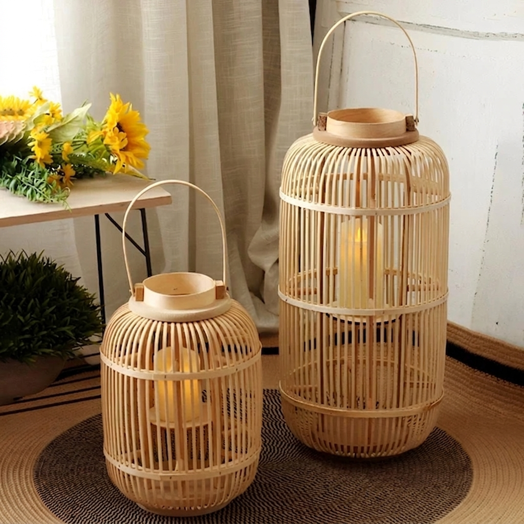 Reed Bamboo Candle Lantern – two sizes beside sunflowers on a table