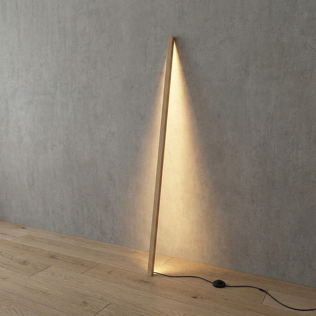 Linden Wooden LED Floor Lamp – leaning against a wall on wooden flooring
