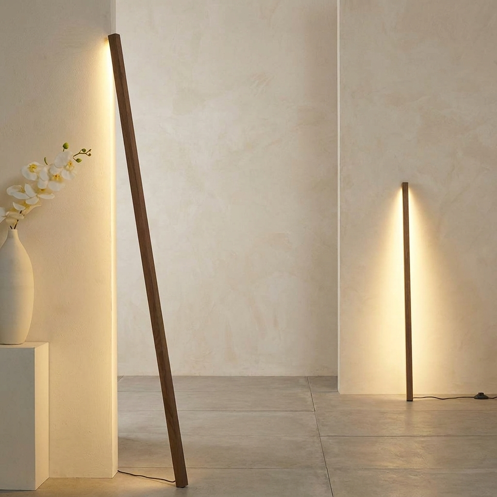 Linden Wooden LED Floor Lamp – leaning against a wall beside orchids