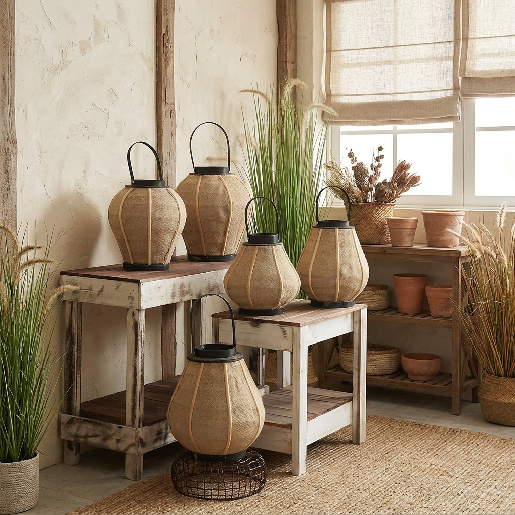 Hollis Wooden Candle Lantern – group of lanterns in different sizes on furniture