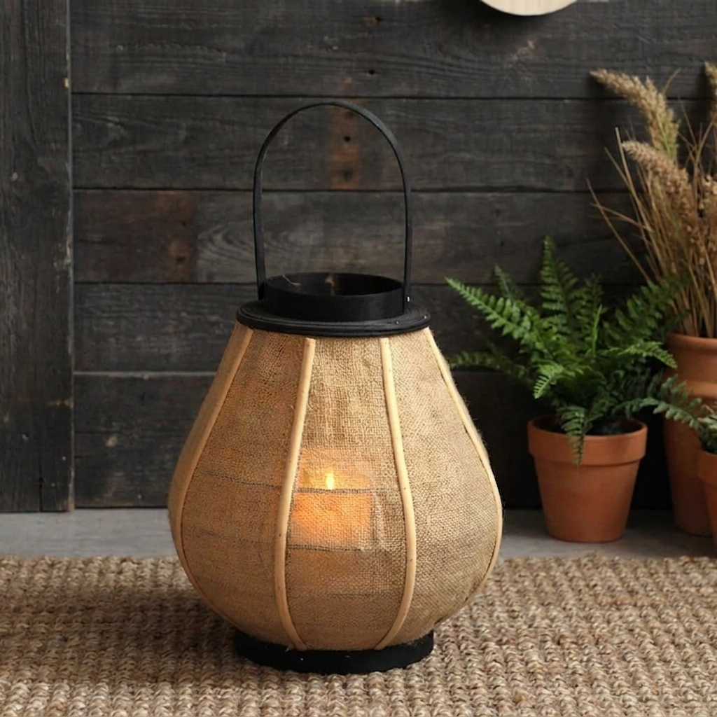 Hollis Wooden Candle Lantern – lit lantern on a dark wood background