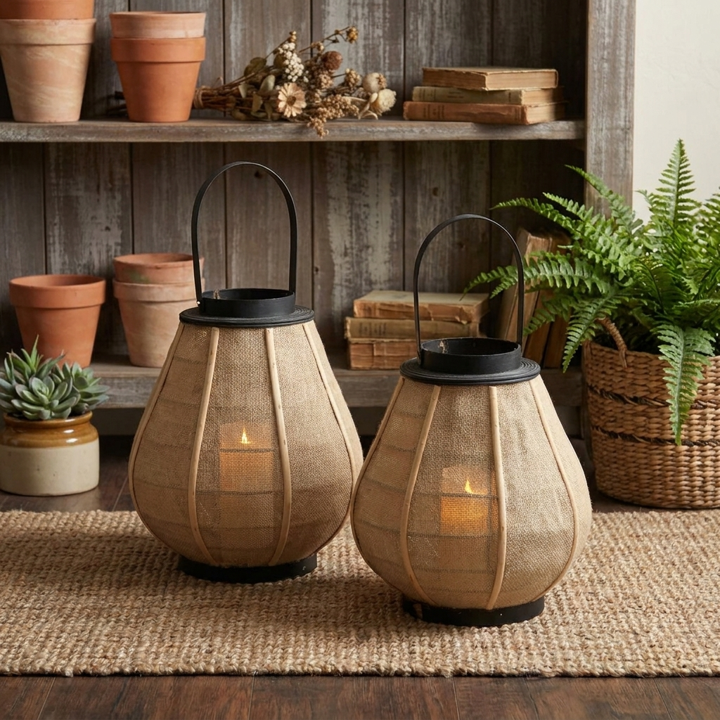 Hollis Wooden Candle Lantern – two lit lanterns on a rustic shelf