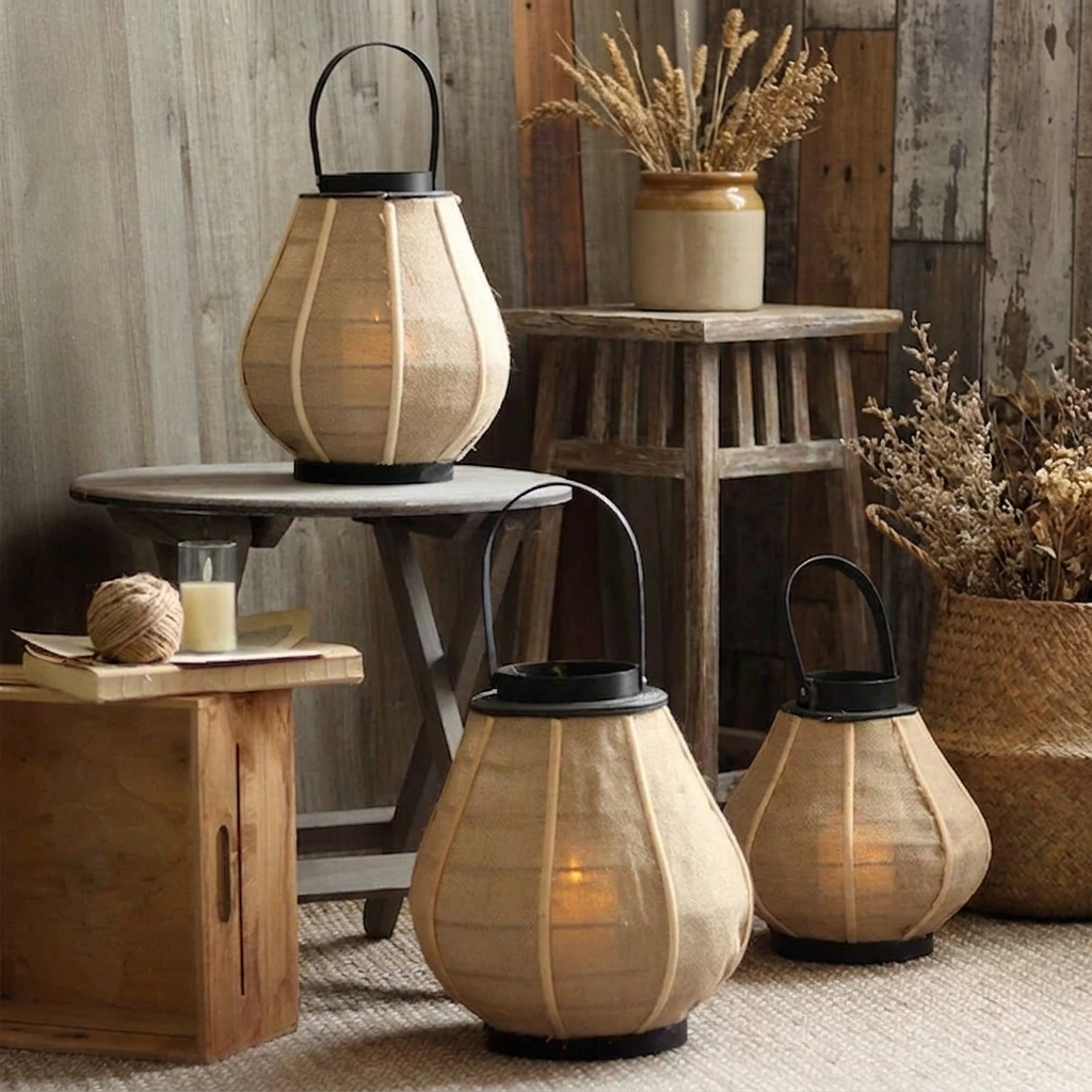 Hollis Wooden Candle Lantern – three lanterns in different sizes on furniture